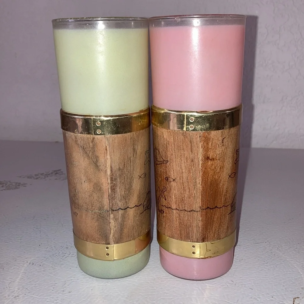 Libbey Palm Royale Tall MCM Frosted Glasses W/ Wood Tiki Bands Gold Pink Green